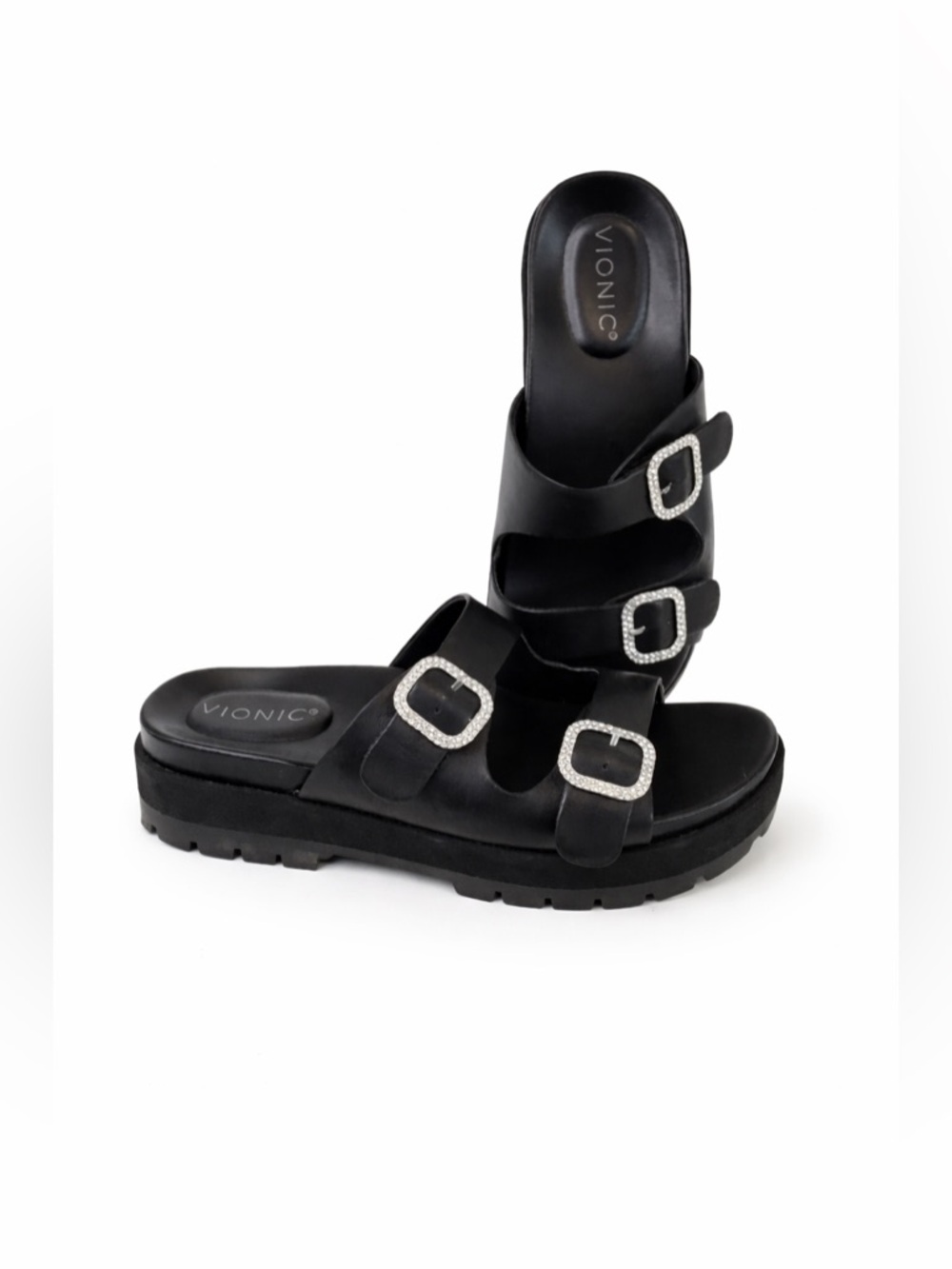 VIONIC Women's Black Slide Rhinestone Buckles Lug Sole Sandals 8.5